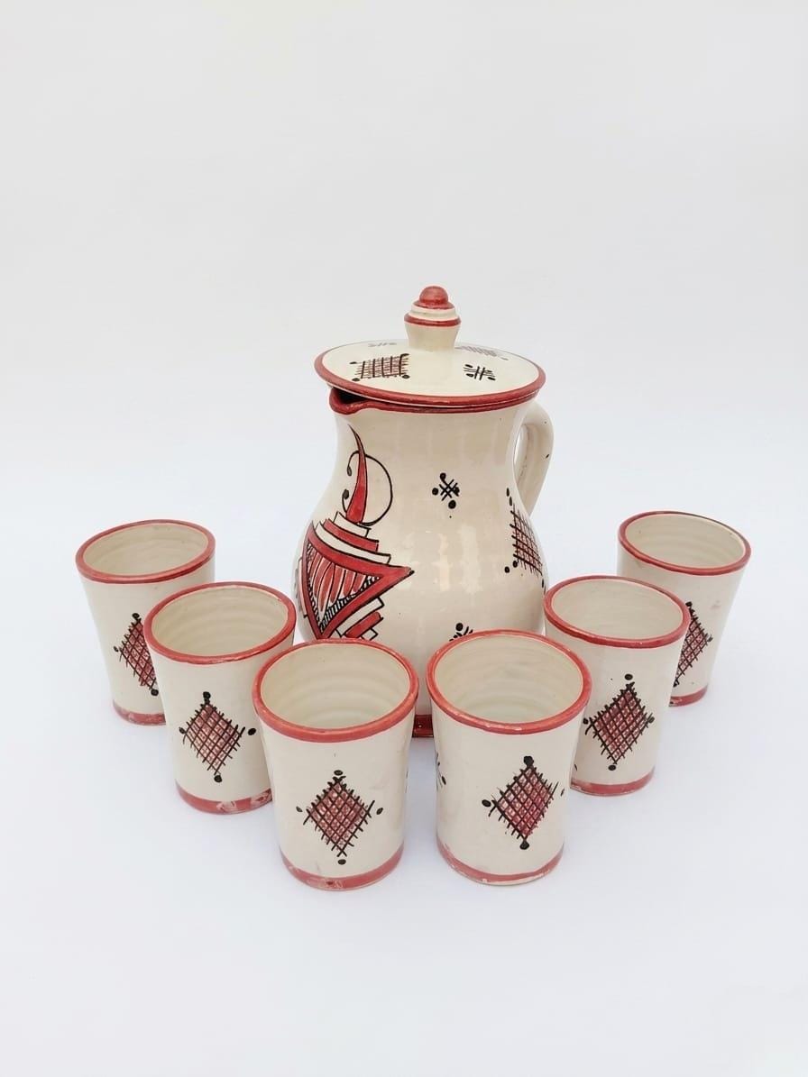 Amazigh Ceramic Piece – Moroccan Pitcher and Cups Pottery Set