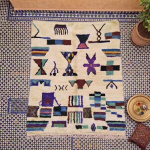 Colorful Moroccan Berber Wool Rug – Cream High-Pile Rug with Tribal Motifs
