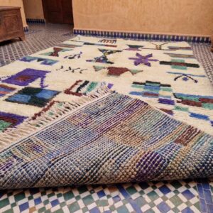 Colorful Moroccan Berber Wool Rug – Cream High-Pile Rug with Tribal Motifs