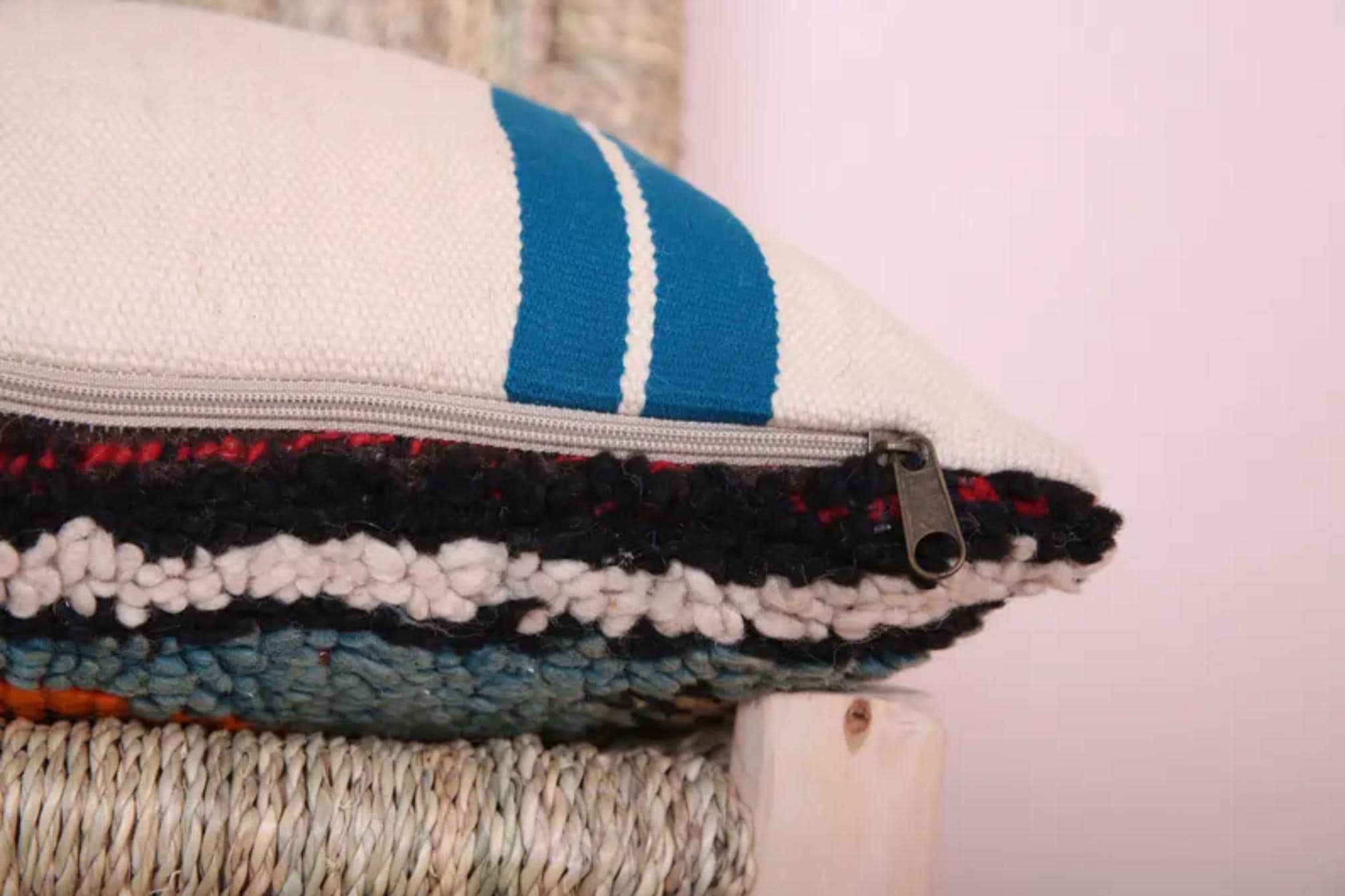 Handmade Moroccan Wool Pillow Cover - Colorful Boucherouite Cushion for Boho Decor