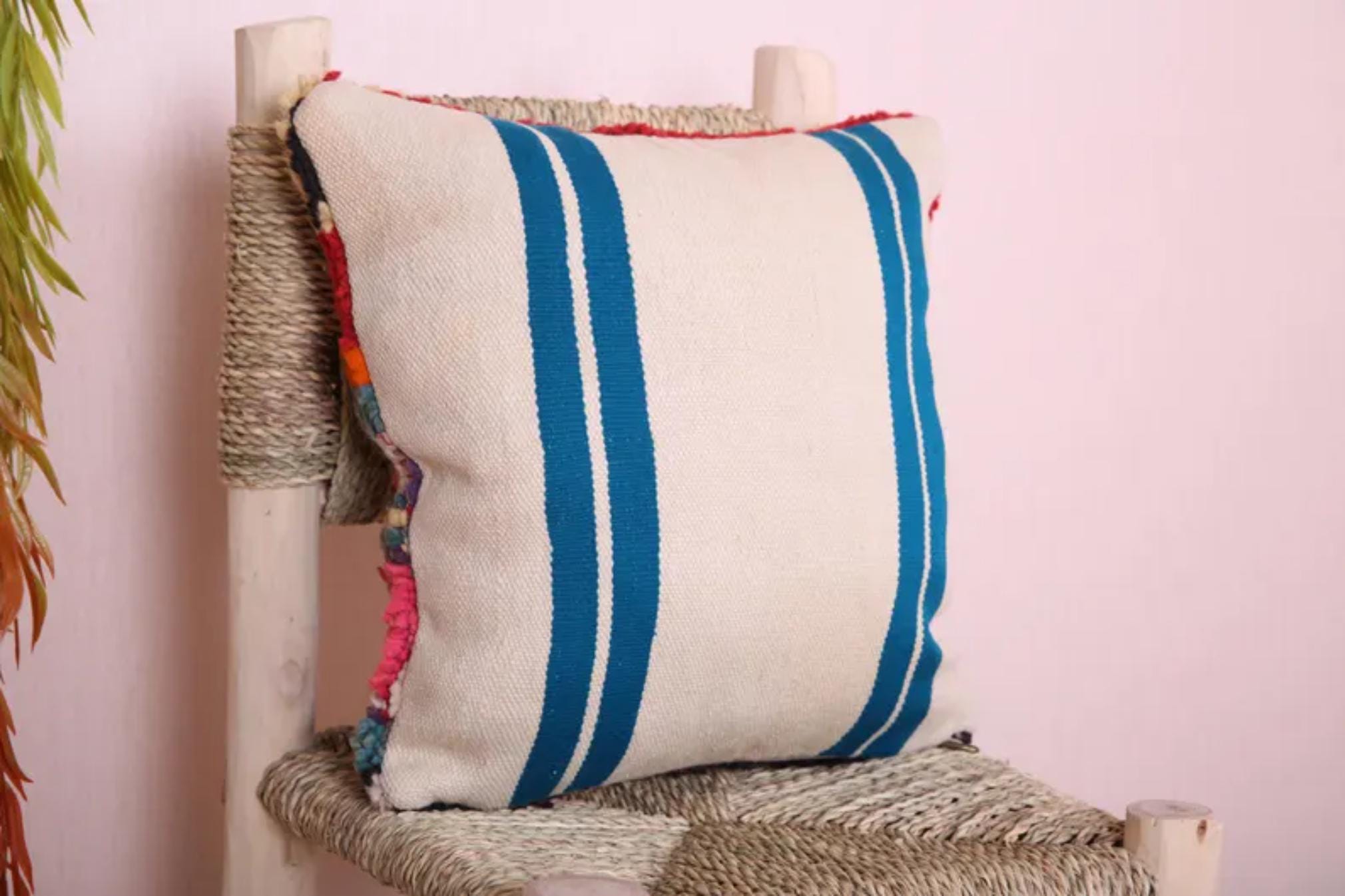 Handmade Moroccan Wool Pillow Cover - Colorful Boucherouite Cushion for Boho Decor