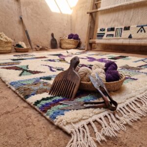 Colorful Moroccan Berber Wool Rug – Cream High-Pile Rug with Tribal Motifs