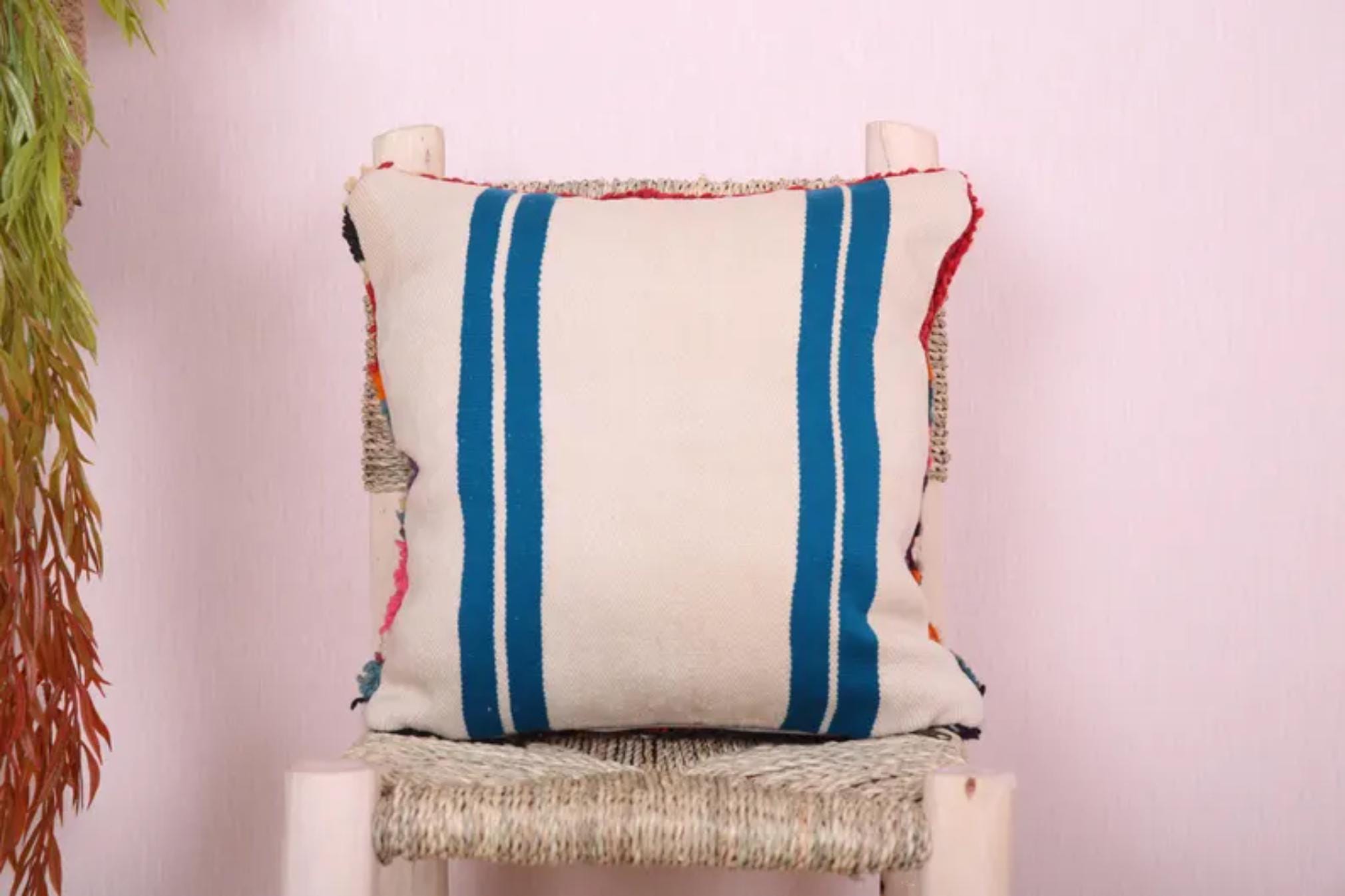 Handmade Moroccan Wool Pillow Cover - Colorful Boucherouite Cushion for Boho Decor