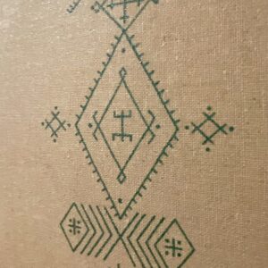 Amazigh Linen Canvas Art – Moroccan Wall Decor in Metallic Green Berber Accent