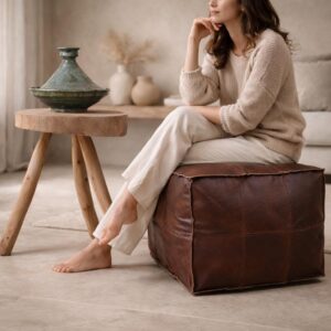 Handmade Leather Pouf – Square Vintage Brown Ottoman