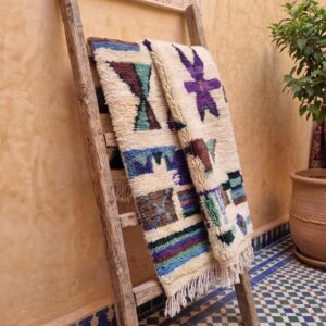 Colorful Moroccan Berber Wool Rug – Cream High-Pile Rug with Tribal Motifs
