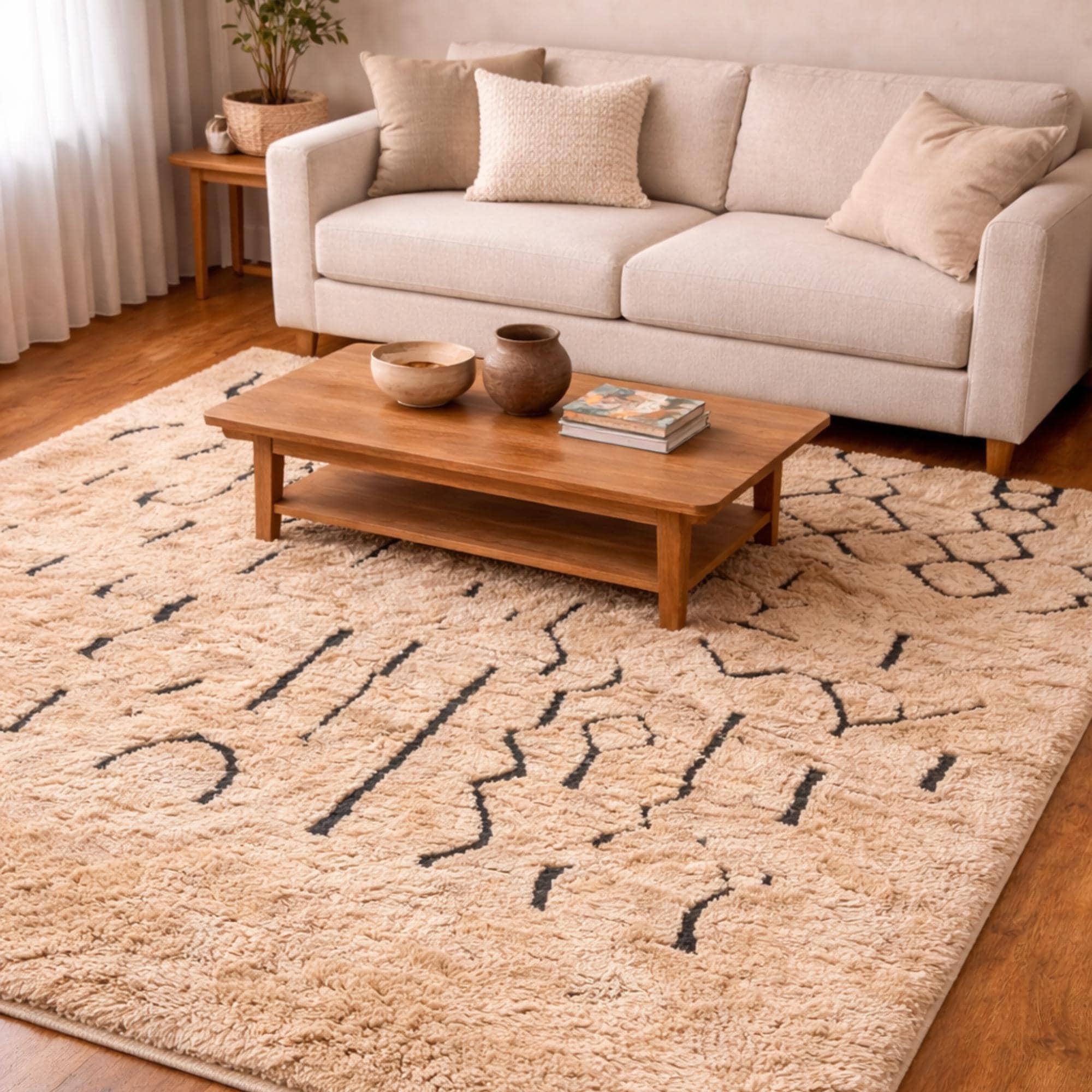 Custom Moroccan Rug – Cream Handmade Berber Area Rug with Black Motifs