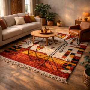 Moroccan Wool Rug 8x10 – Ivory & Taupe Minimalist Grid Rug