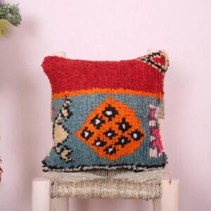 Handmade Moroccan Wool Pillow Cover - Colorful Boucherouite Cushion for Boho Decor