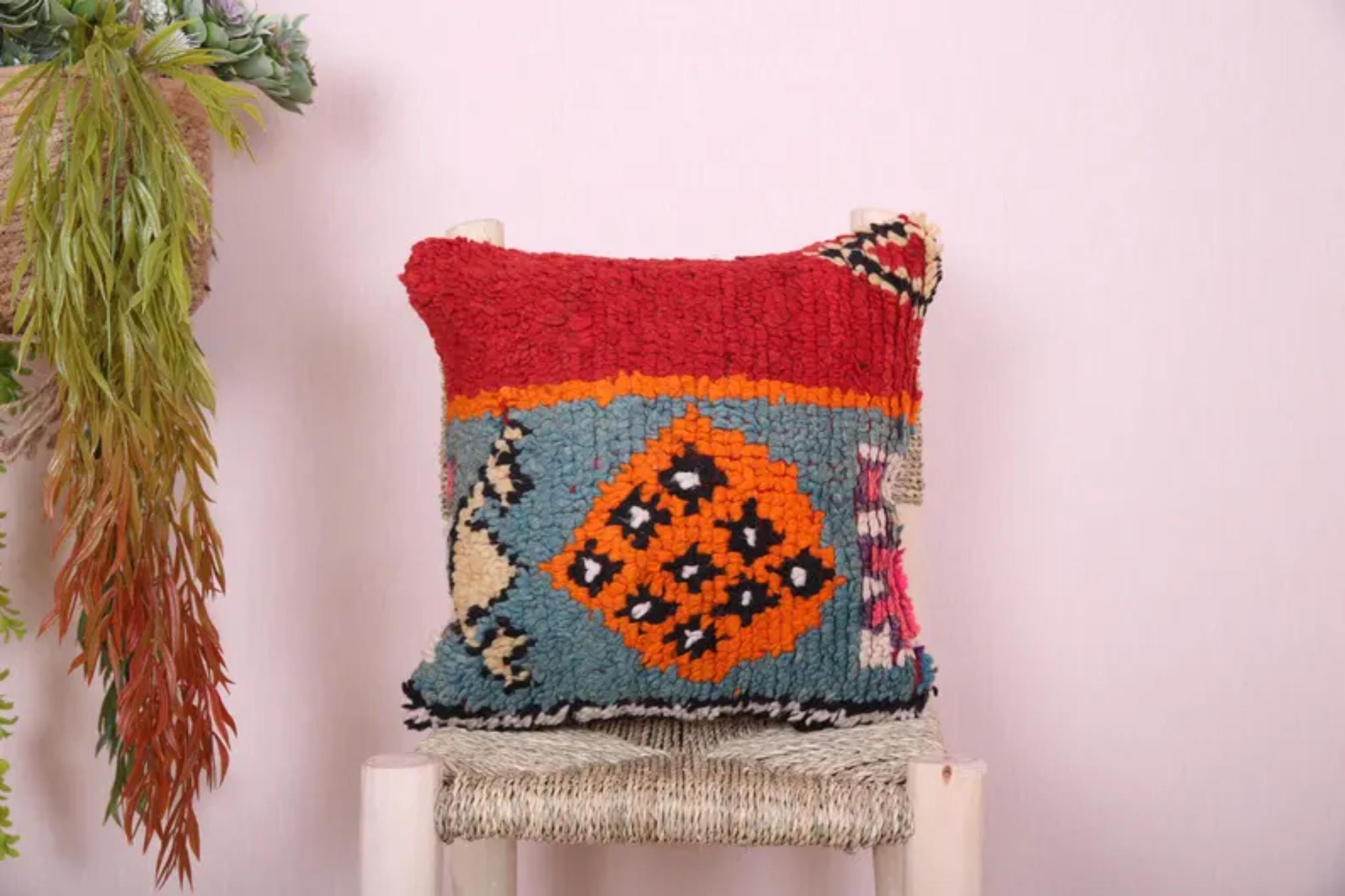 Handmade Moroccan Wool Pillow Cover - Colorful Boucherouite Cushion for Boho Decor
