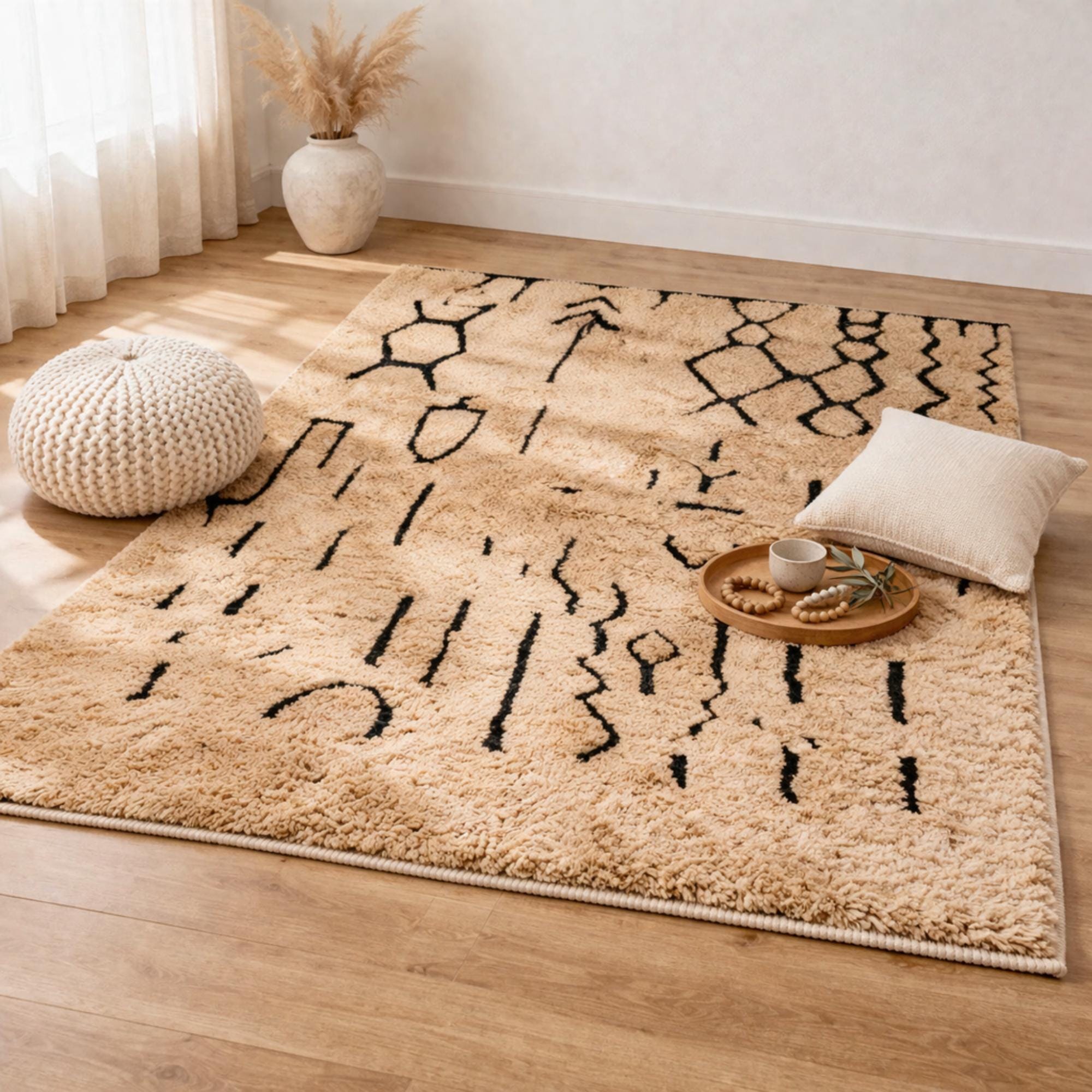 Custom Moroccan Rug – Cream Handmade Berber Area Rug with Black Motifs