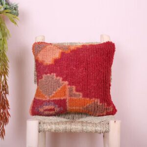 Handmade Wool Pillow – Vintage Boucherouite Berber Cushion