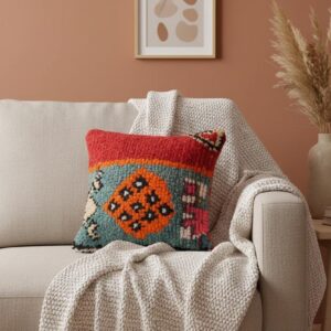 Handmade Moroccan Wool Pillow Cover - Colorful Boucherouite Cushion for Boho Decor
