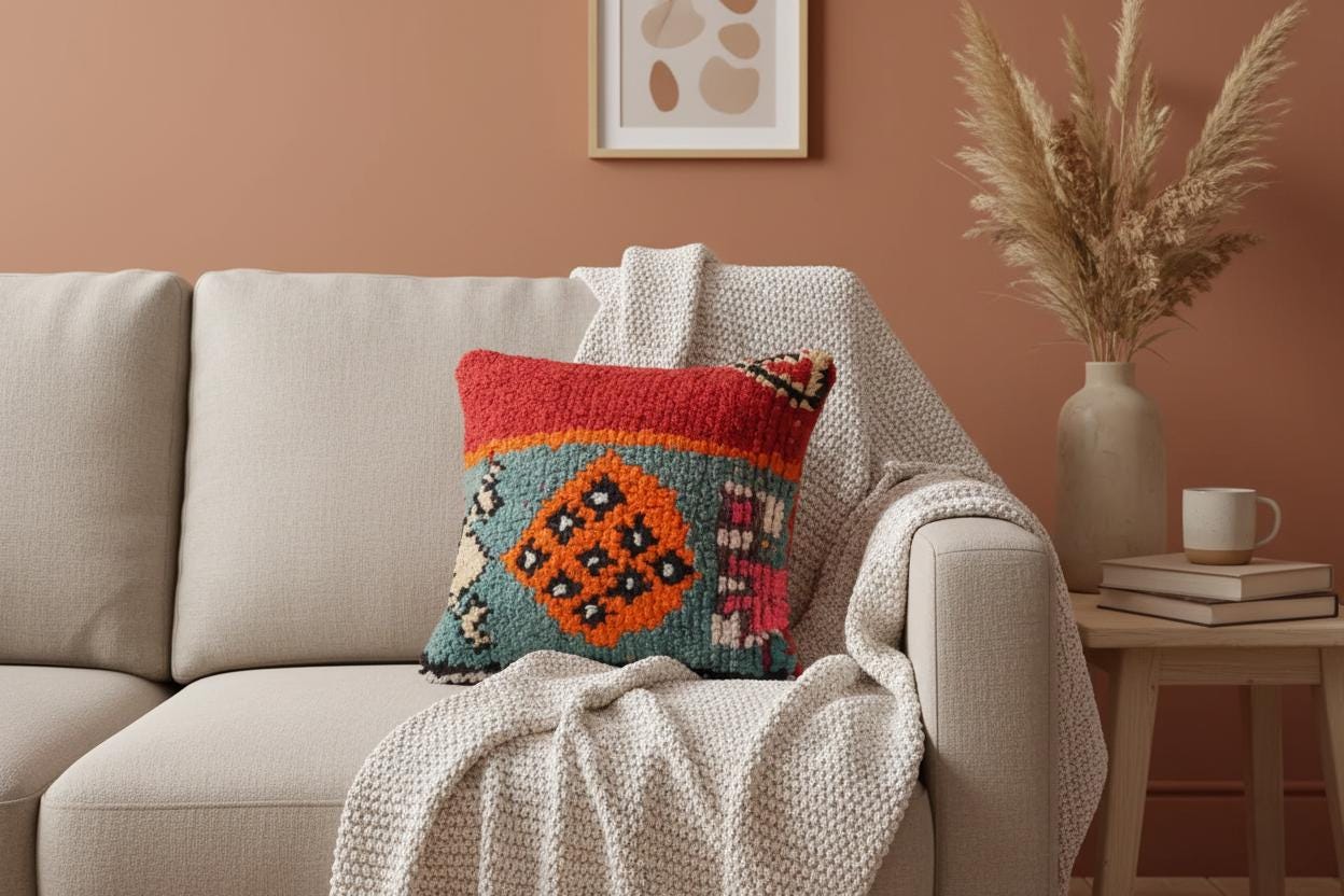 Handmade Moroccan Wool Pillow Cover - Colorful Boucherouite Cushion for Boho Decor
