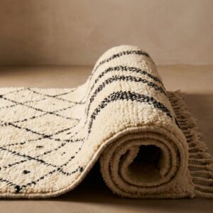 Large Berber Wool Rug – Ivory & Black Diamond Grid Rug