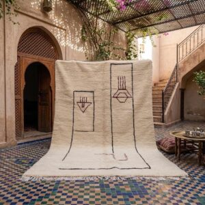 Cream & Black Moroccan Berber Wool Rug – Hand-Knotted High-Pile Geometric Rug