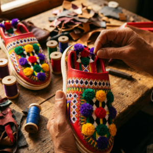 Handmade Babouche Slippers – Leather Mules with Embroidery & Pom Poms