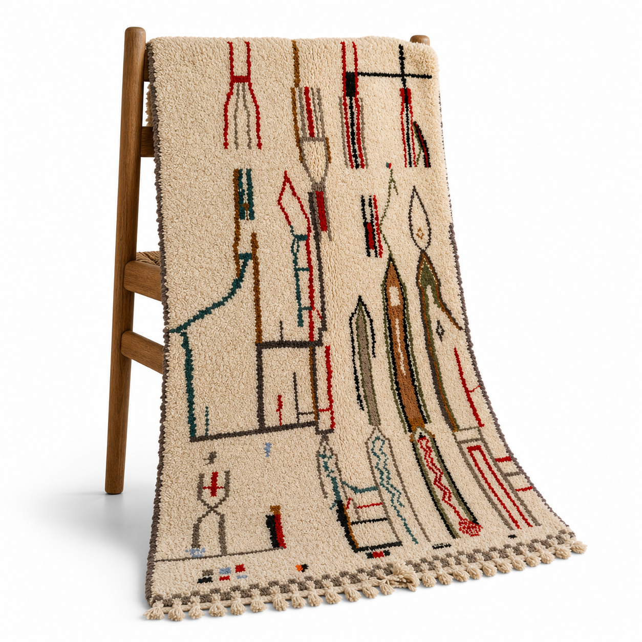 Abstract Amazigh Berber Wool Rug – Ivory Geometric Atlas Inspired Carpet