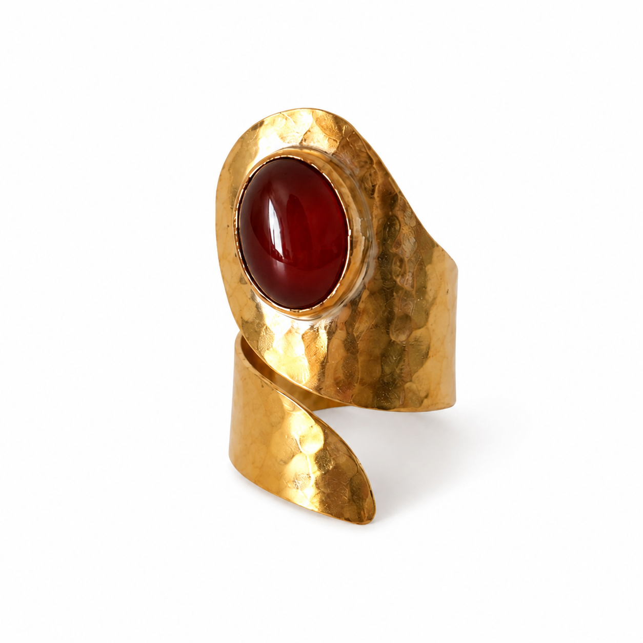 Amazigh Brass Onyx Spiral Ring – Textured Open Wrap Statement Design