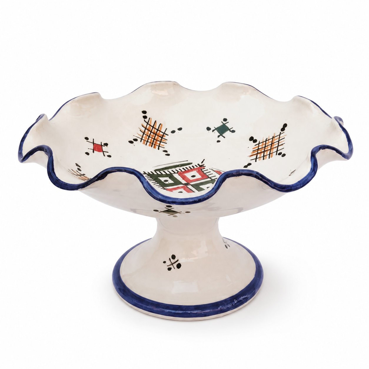 Amazigh Ceramic Piece – Berber Moroccan Footed Fruit Bowl with Geometric Art