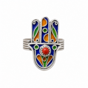 Amazigh Hamsa Hand Sterling Silver Ring: Red Coral Enamel, Tribal Jewelry