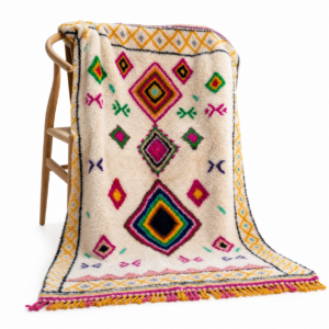 Amazigh Handmade Beni Ourain Wool Rug, Rainbow Diamond Shag Carpet, Boho Eclectic Ivory Pink Green