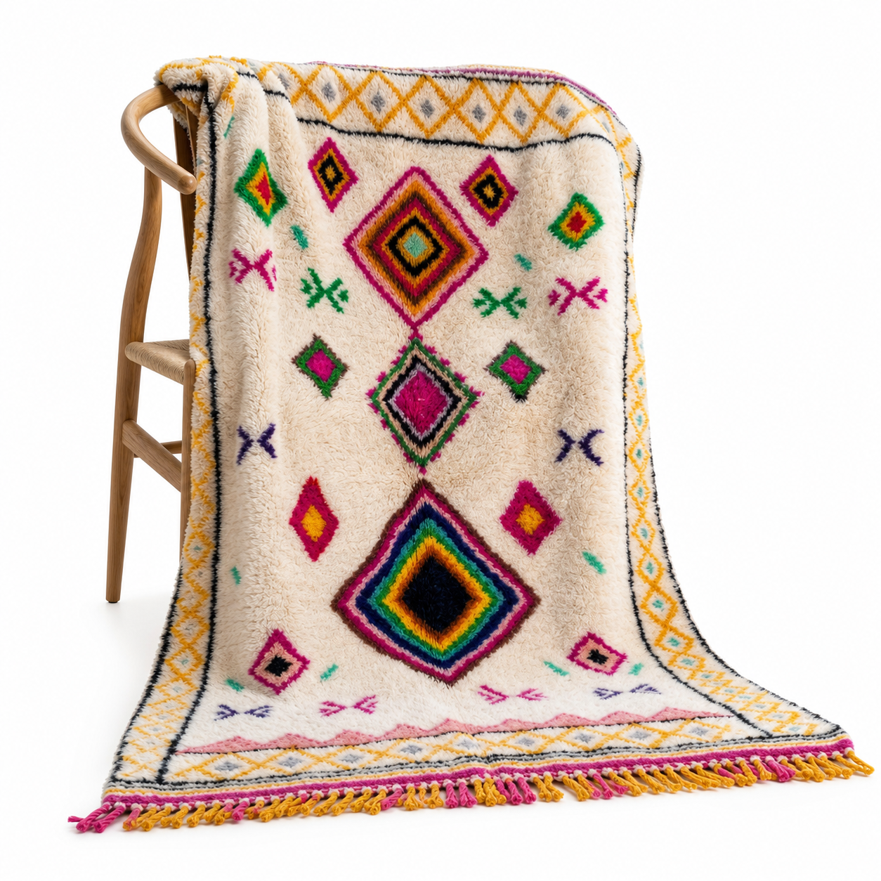 Amazigh Handmade Beni Ourain Wool Rug, Rainbow Diamond Shag Carpet, Boho Eclectic Ivory Pink Green