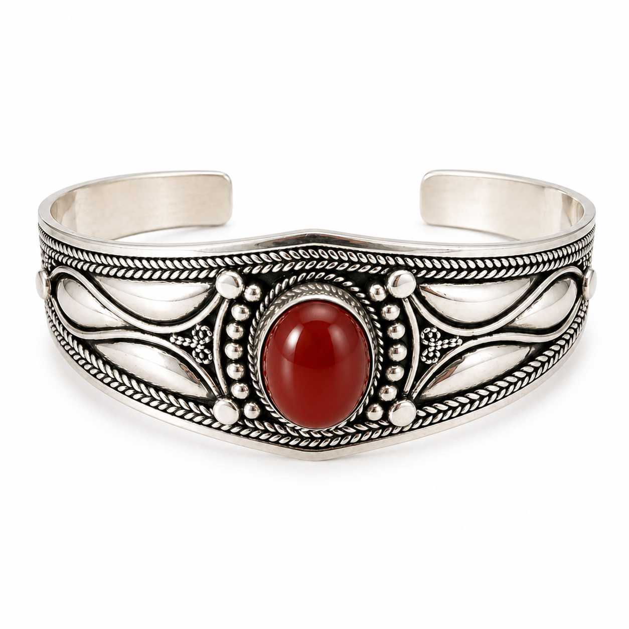 Amazigh Silver Bracelet – Tagrayt Red Onyx Filigree Cuff Design