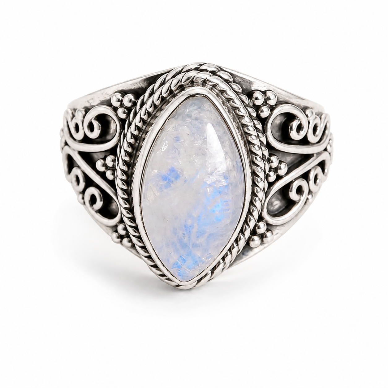 Amazigh Silver Ring – Drifa Moonstone Eye Filigree Design