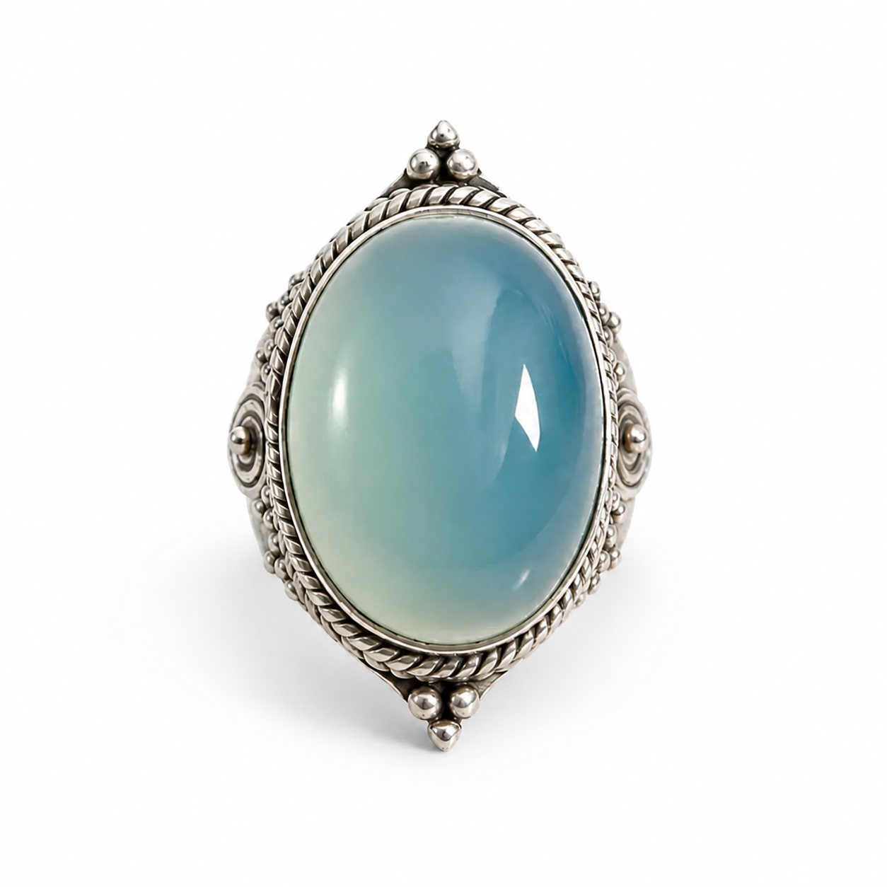 Amazigh Silver River Stone Ring – Berber Blue Chalcedony Statement Design