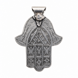 Antique Amazigh Engraved Silver Hamsa Pendant: Old Judaica Hand of Fatima Pendant Necklace