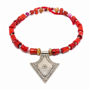 Antique Berber Coral Necklace: Sterling Silver Tuareg Tibetan Pendant, Jewelry