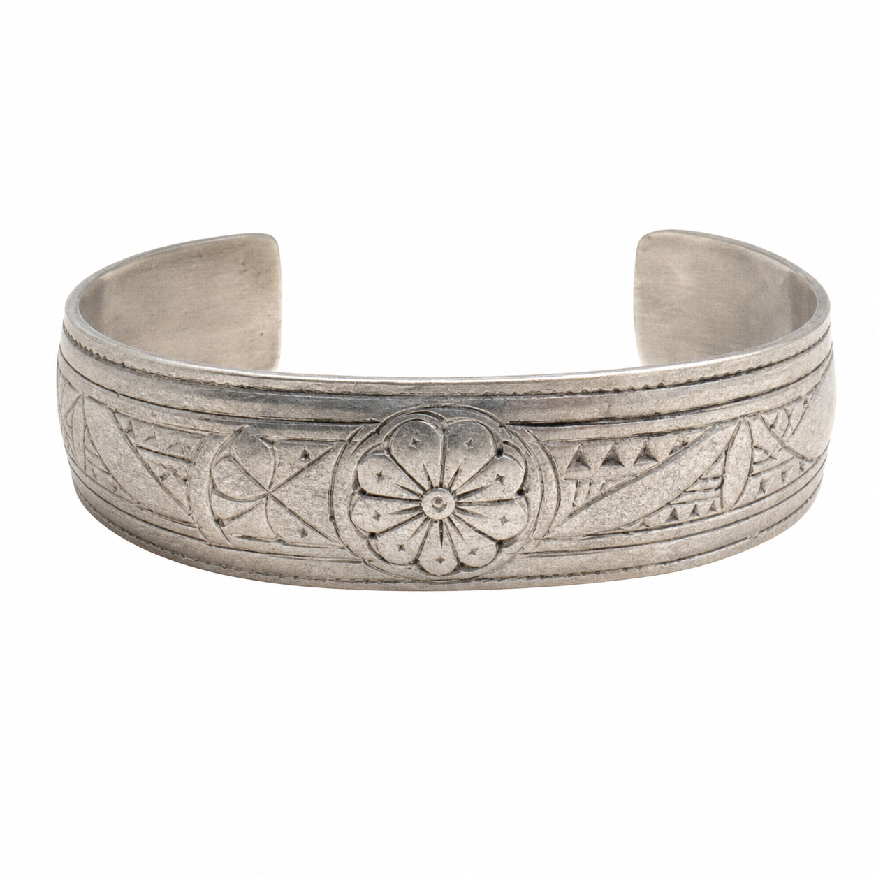 Antique Berber Silver Cuff Bangle Bracelet: Old Rose Flower Ethnic Tribal Jewelry, 1940s Made