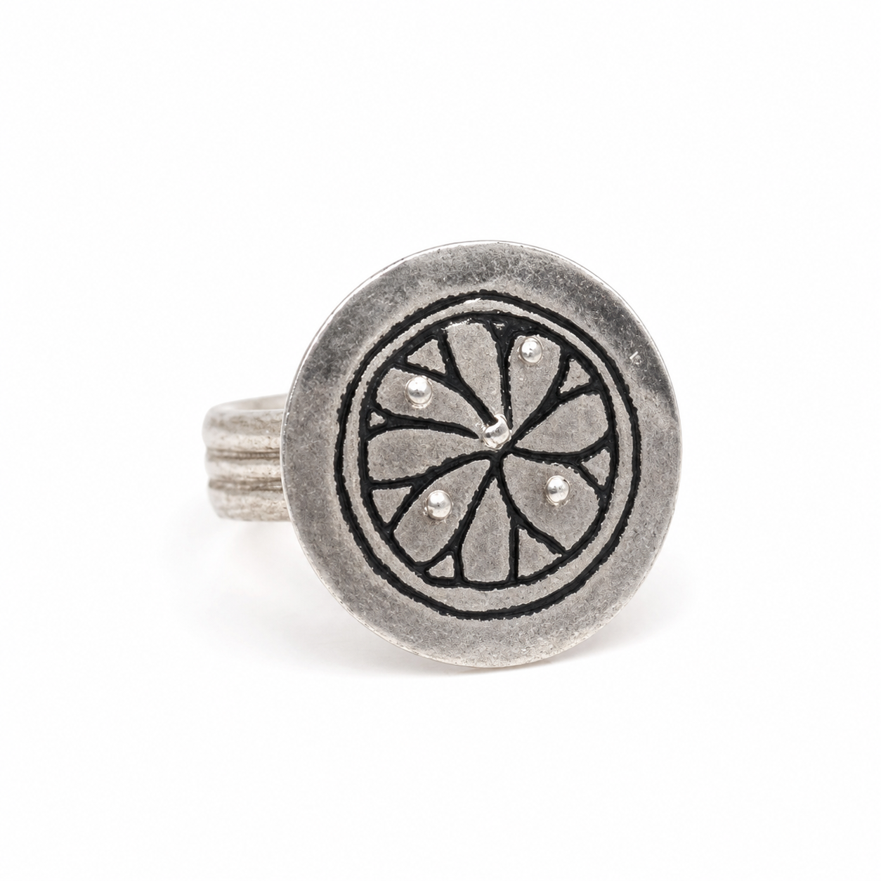 Antique Berber Silver Niello Flower Ring, Tribal Jewelry Size 9 US