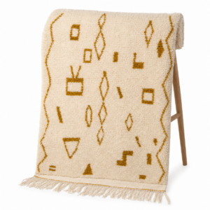 Azilal Rug – Ivory Gold Symbol Wool Rug – Handmade Berber Rug – Neutral Boho Area Rug – Mustard Tribal Carpet – Multiple Sizes