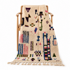 Azilal Rug – Ivory Multicolor Wool Rug – Handmade Abstract Symbol Rug – Colorful Boho Area Rug – Berber Carpet – Multiple Sizes