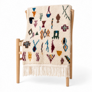 Azilal Rug – Ivory Multicolor Wool Rug – Handmade Symbol Rug – Colorful Berber Carpet – Boho Area Rug – Multiple Sizes
