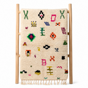Azilal Rug – Ivory Pixel Art Wool Rug – Handmade Symbol Rug – Fun Boho Area Rug – Colorful Berber Carpet – Multiple Sizes