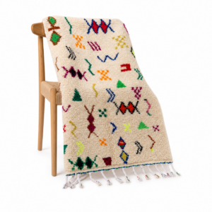Azilal Rug – Ivory Rainbow Symbol Wool Rug – Handmade Boho Rug – Colorful Berber Carpet – Tribal Area Rug – Multiple Sizes