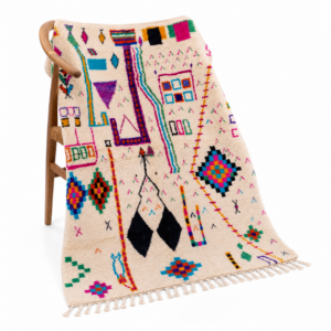 Azilal Rug – Ivory Wool Shag with Multicolor Folk Art Symbols, Handmade Tribal Berber Area Rug