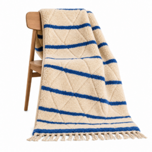 Beni Ourain Rug – Ivory Blue Wool Rug – Handmade Diamond Stripe Rug – Coastal Area Rug – Berber Carpet – Multiple Sizes