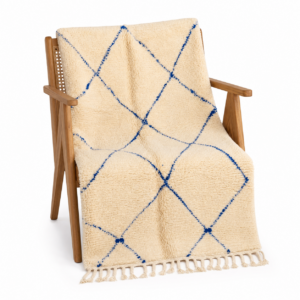 Beni Ourain Rug – Ivory Royal Blue Wool Rug – Handmade Diamond Rug – Coastal Area Rug – Berber Carpet – Multiple Sizes