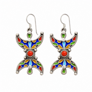 Berber Enamel Coral Sterling Silver Earrings: Amazigh Yaz Symbol Tribal Jewelry