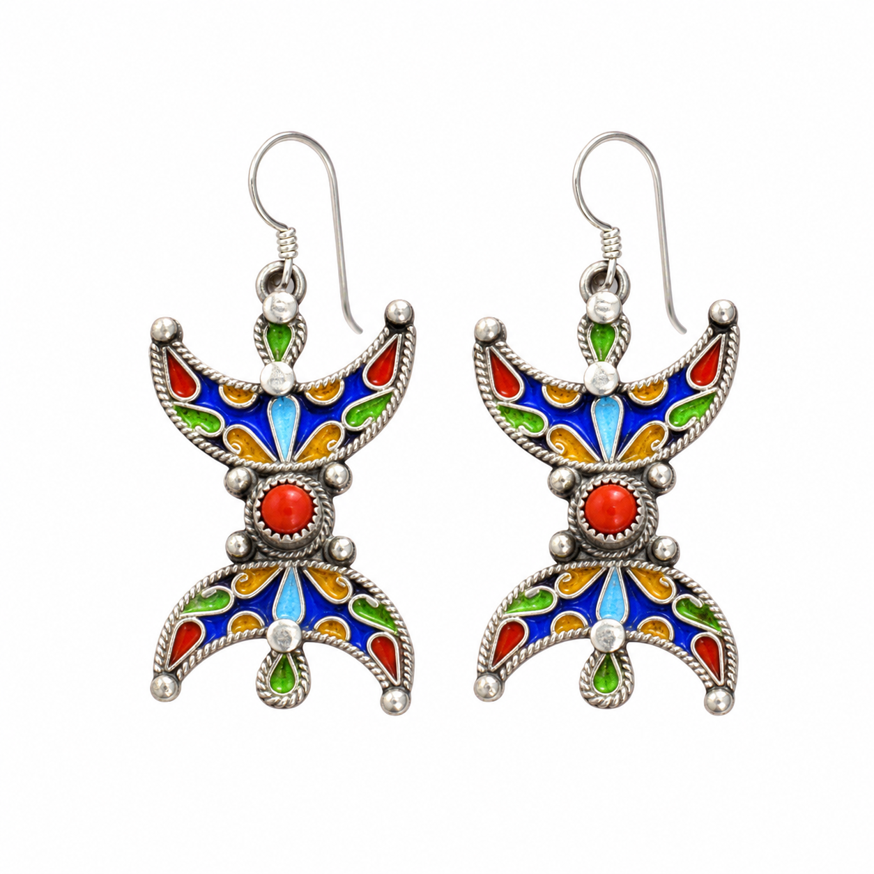 Berber Enamel Coral Sterling Silver Earrings: Amazigh Yaz Symbol Tribal Jewelry