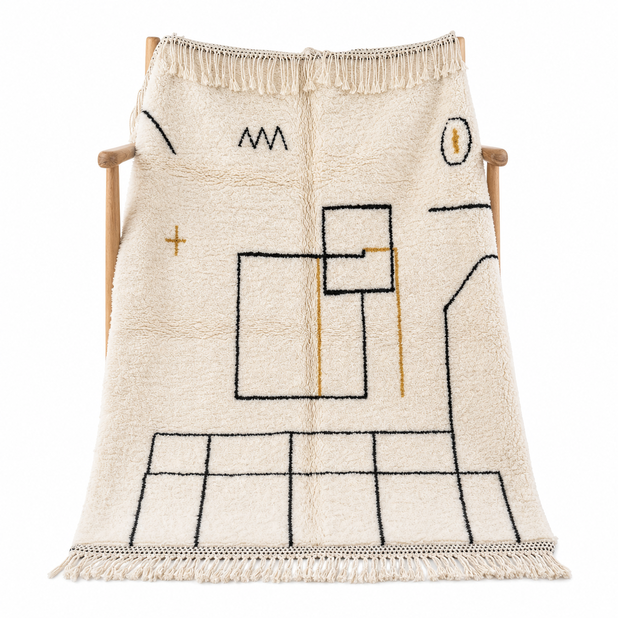 Berber Ivory Architectural Wool Rug, Black Grid Line Beni Ourain Carpet, Bauhaus Modern Shag Home