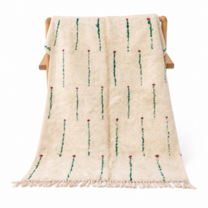 Berber Shag Rug – Ivory Wool with Green Stem & Pink Flower Motifs, Soft Handmade Area Rug