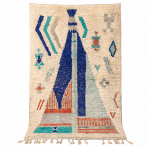 Boujaad Rug 8×5 ft – Ivory Blue Teal Wool Rug – One of a Kind Art Rug – Rare Abstract Berber Carpet – Collector Boho Rug