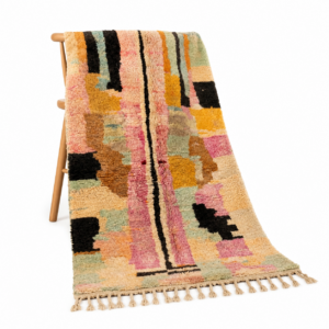 Boujaad Rug 8×5 ft – Pink Mustard Pastel Wool Rug – One of a Kind Art Rug – Rare Color Block Berber Carpet – Collector Boho Rug