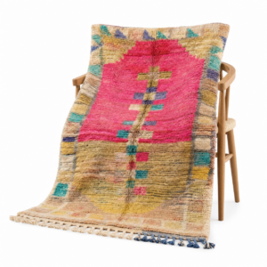 Boujaad Rug – Hot Pink Ivory Multicolor Wool Rug – Handmade Medallion Abstract Rug – One of a Kind Boho Berber Carpet