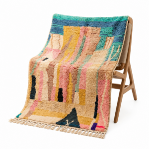 Boujaad Rug – Ivory Teal Multicolor Wool Rug – Handmade Abstract Vertical Rug – One of a Kind Boho Berber Carpet